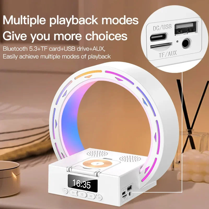 Wireless Bluetooth Speaker Charging Pad Bedside Lamp With Alarm Clock Wake-Up Light For Bedroom Support USB Drive TF Card 4 in 1