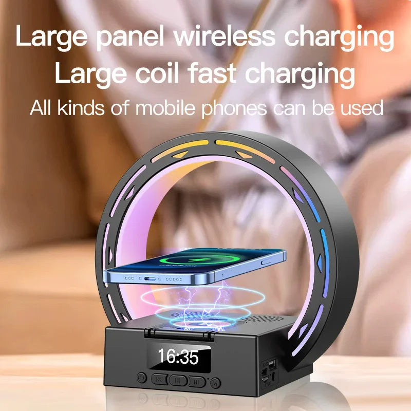 Wireless Bluetooth Speaker Charging Pad Bedside Lamp With Alarm Clock Wake-Up Light For Bedroom Support USB Drive TF Card 4 in 1