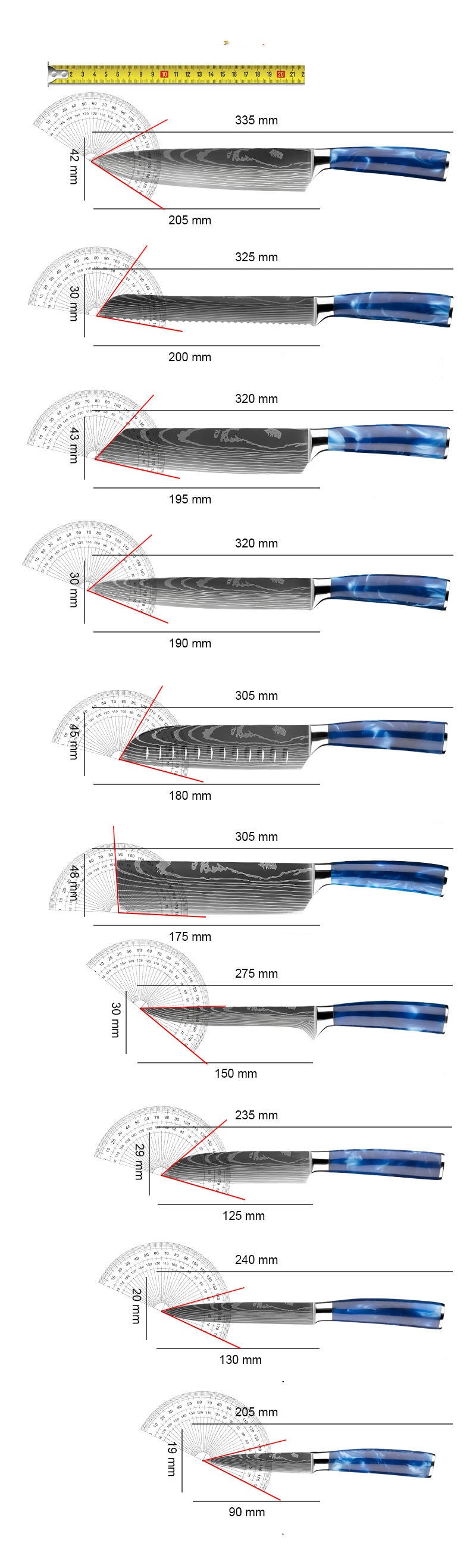 Blue Resin Handle Kitchen Knife Kit